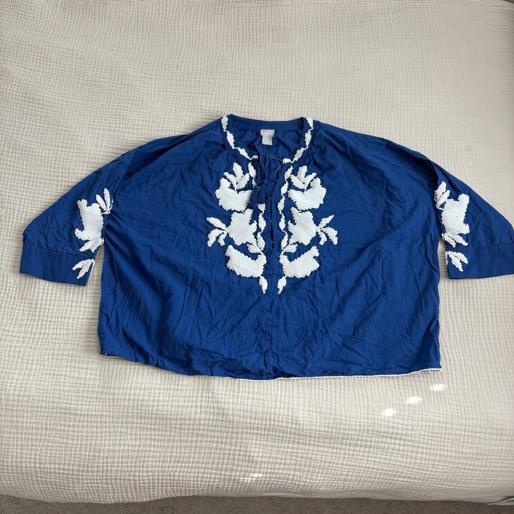 Chicos Blouse Embroidered Top Womens Sz 2 US Large blue Coastal Beach Bohemian
